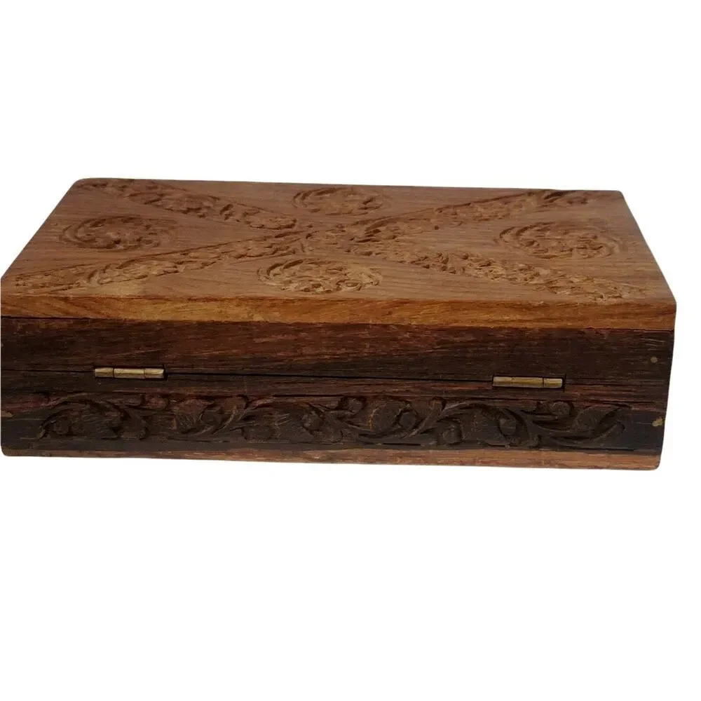 Hand Carved Wooden Box Flowers Trinket Jewelry‎ Blue Velvet Fabric Lined 8